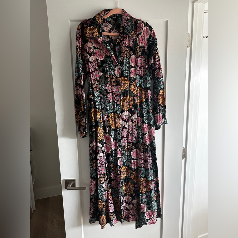 Monki Floral Tie-Waist Long Sleeve Dress Size M - Picture 5 of 10